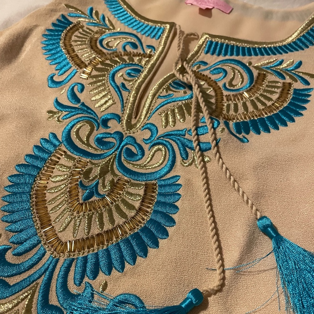 Lilly Pulitzer tan shift dress with teal embroidery